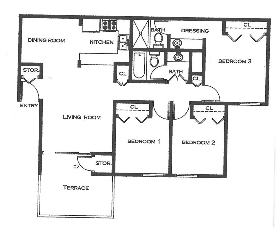 Floor plan for 3 beds, 2 baths